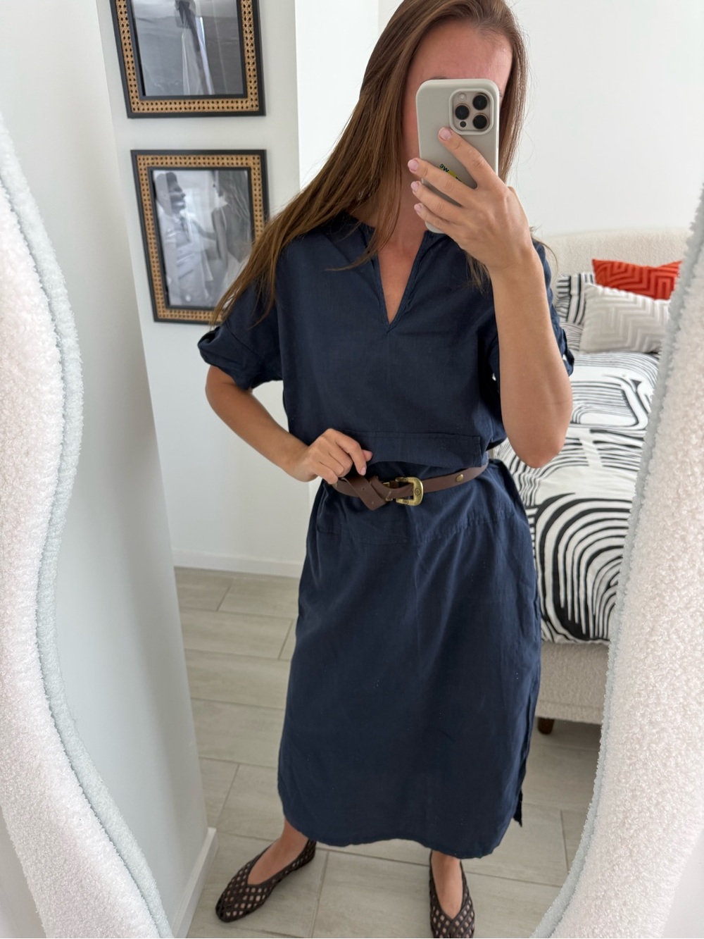 Navy Short-Sleeve Shirt Dress with belt